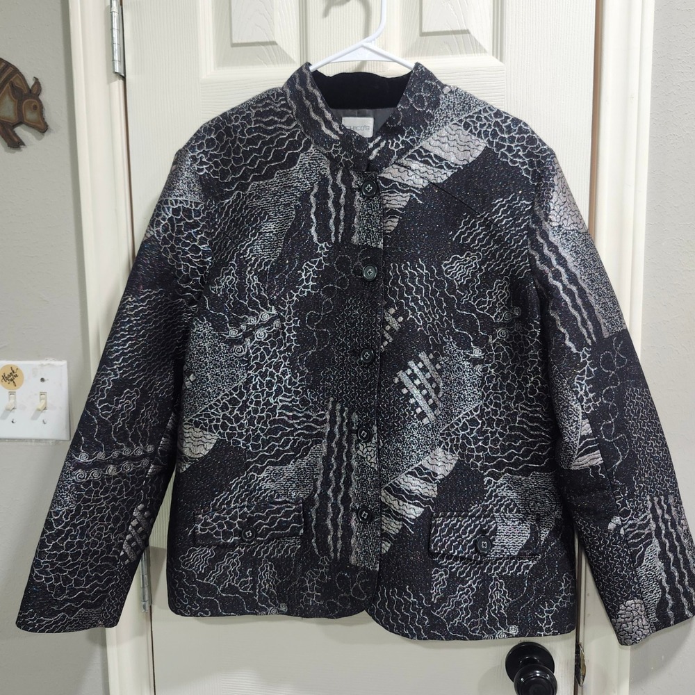 Chicos Metallic Silver Black Jacquard Blazer Mandarin Collar Jacket Size 3 L XL